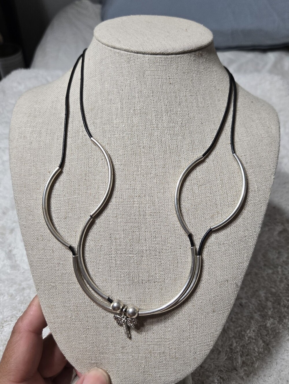 Lizzie James Convertible Necklace Black Leather Silver Wrap Dragon Fly Charm